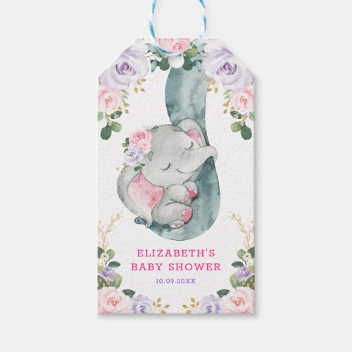 Pink Purple Floral Greenery Elephant Baby Shower Gift Tags
