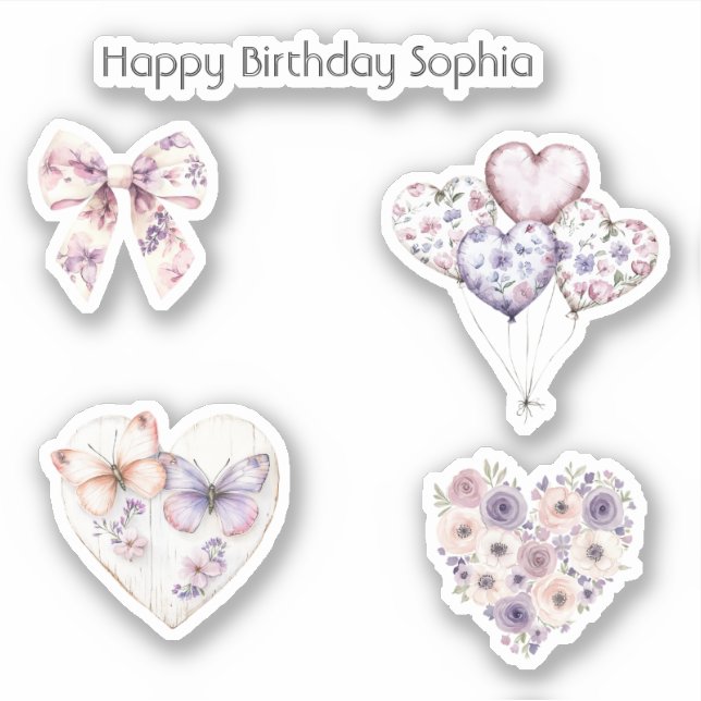 Pink Purple Floral Heart Balloons Birthday Sticker (Front)