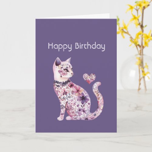Pink Purple Floral Heart Cat Birthday Card