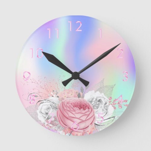 Pink purple floral holographic round clock