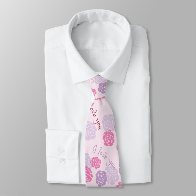 Pink Purple Floral I Love You Neck Tie (Tied)