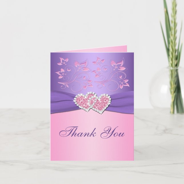 Pink, Purple Floral Joined Hearts Thank You Card (Front)