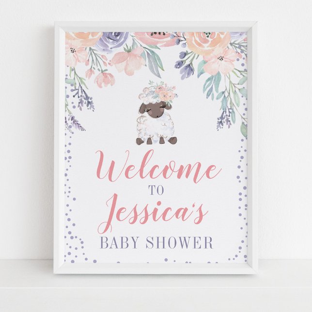 Pink Purple Floral Lamb Baby Shower Welcome Sign (Creator Uploaded)