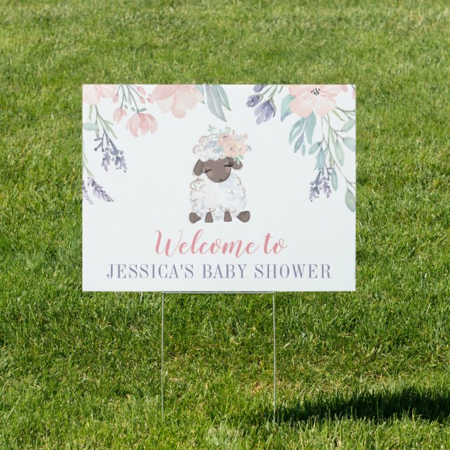Pink Purple Floral Lamb Baby Shower Welcome Yard Sign (Insitu)