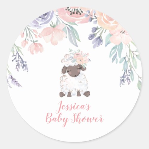 Pink Purple Floral Lamb Girl Baby Shower Classic Round Sticker