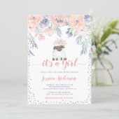 Pink Purple Floral Lamb Girl Baby Shower Invitation (Standing Front)
