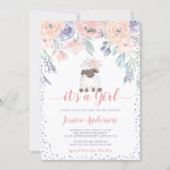 Pink Purple Floral Lamb Girl Baby Shower Invitation (Front)