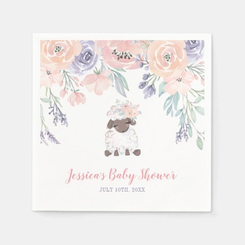 Pink Purple Floral Lamb Girl Baby Shower Napkins