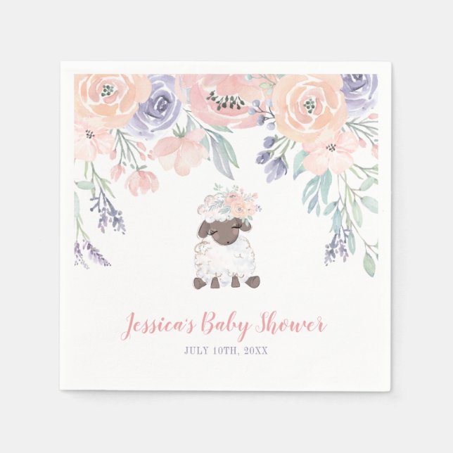 Pink Purple Floral Lamb Girl Baby Shower Napkins (Front)