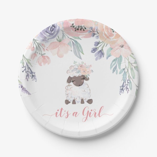 Pink Purple Floral Lamb Girl Baby Shower Paper Plates (Front)