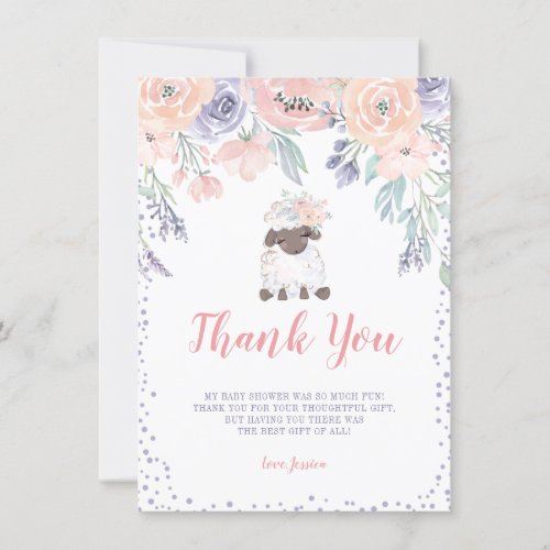 Pink Purple Floral Lamb Girl Baby Shower Thank You Card