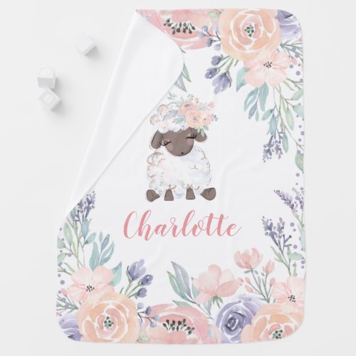 Pink Purple Floral Lamb Personalized Girl Baby Blanket