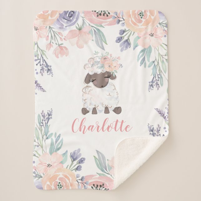 Pink Purple Floral Lamb Personalized Girl Baby Sherpa Blanket (Front)