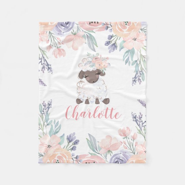 Pink Purple Floral Lamb Personalized Girl Fleece Blanket (Front)
