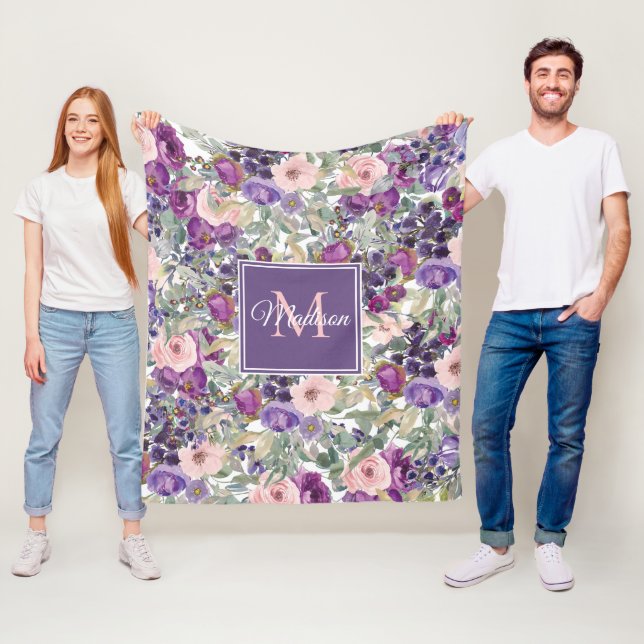 Pink Purple Floral Monogram Name Initial Fleece Blanket (In Situ)