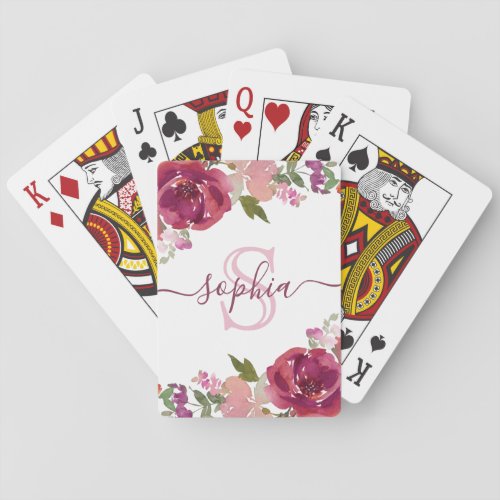 Pink Purple Floral Monogrammed Script Name Playing Cards