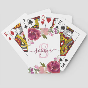 Pink Purple Floral Monogrammed Script Name Poker Cards