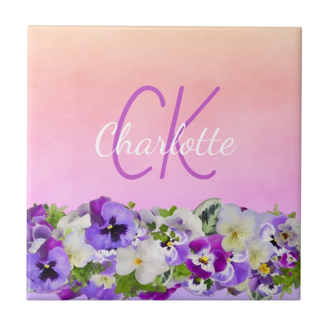 Pink purple floral name monogram script ceramic tile (Front)