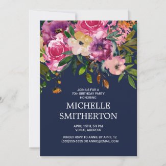 Pink Purple Floral Navy Blue 70th Birthday Invitat