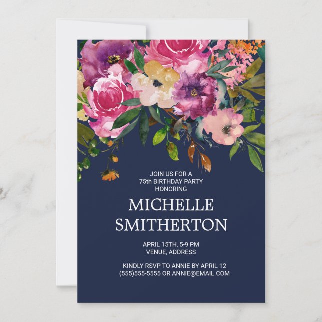 Pink Purple Floral Navy Blue 75th Birthday Invitation (Front)