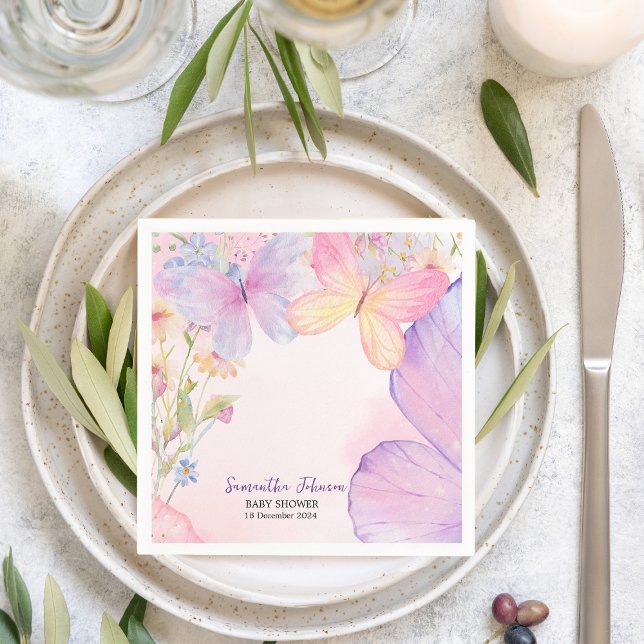  Pink Purple Floral Oh Baby Butterfly Baby shower  Napkins (Creator Uploaded)