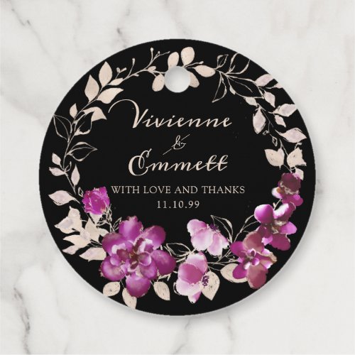 Pink Purple Floral on Black Bridal Shower Favor Tags