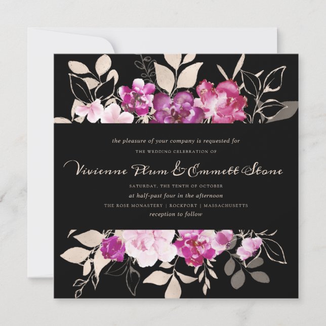 Pink Purple Floral on Black Wedding Invitation (Front)