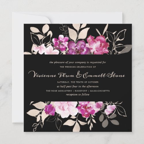 Pink Purple Floral on Black Wedding Invitation