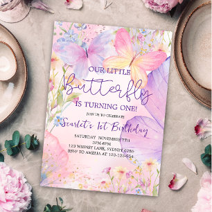 Pink Purple Floral Our Little Butterfly Birthday  Invitation