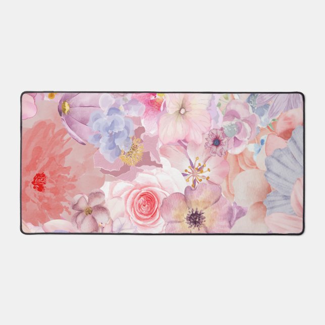Pink & Purple Floral Pattern Desk Mat (Front)