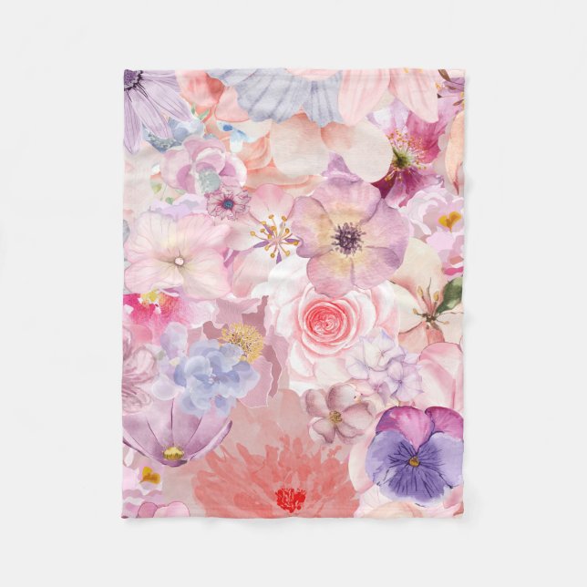 Pink & Purple Floral Pattern Fleece Blanket (Front)