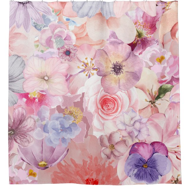 Pink & Purple Floral Pattern Shower Curtain (Front)
