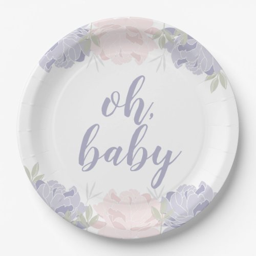 Pink  Purple Floral Peonies Oh Baby Baby Shower Paper Plates