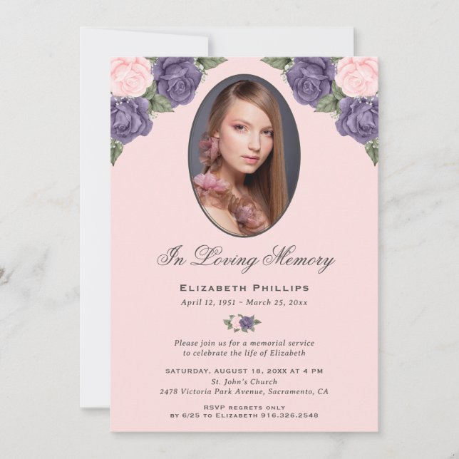 Pink Purple Floral Photo In Loving Memory Invitation (Front)