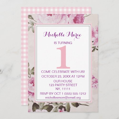 Pink Purple Floral Plaid First Birthday Invitation