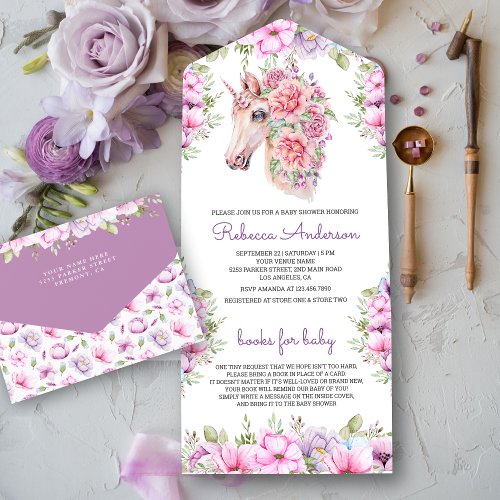Pink Purple Floral Pretty Unicorn Baby Shower All In One Invitation