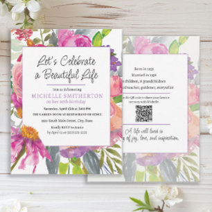 Pink Purple Floral QR Code 90th Birthday Invitation