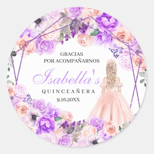 Pink  Purple Floral Quinceanera Classic Round Sti Classic Round Sticker