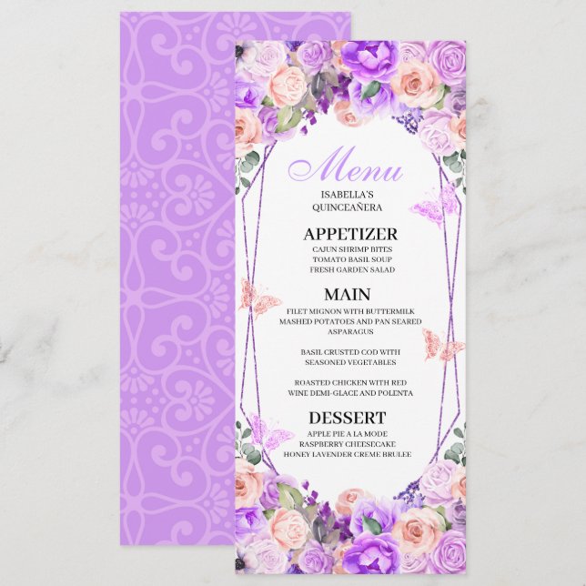 Pink & Purple Floral Quinceanera Menu Invitation (Front/Back)