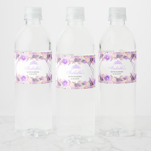 Pink  Purple Floral Quinceanera Water Bottle Label