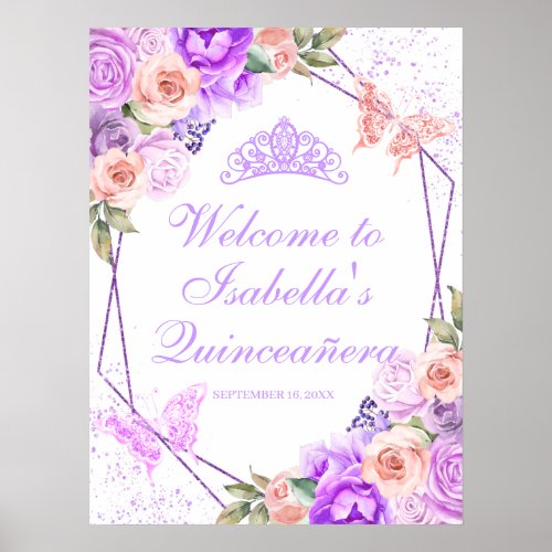 Pink  Purple Floral Quinceanera Welcome Sign