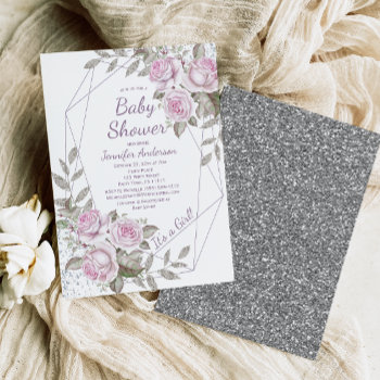 Pink Purple Floral Silver Glitter Girl Baby Shower Invitation by MaggieMart at Zazzle