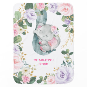 Pink Purple Floral Sleeping Elephant Girl Nursery Baby Blanket