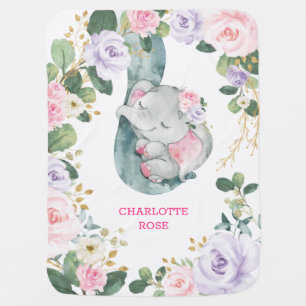 Pink Purple Floral Sleeping Elephant Girl Nursery Baby Blanket