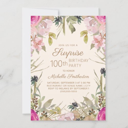 Pink Purple Floral Surprise 100th Birthday  Invitation