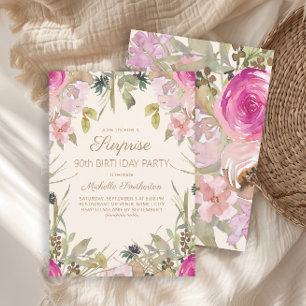 Pink Purple Floral Surprise 90th Birthday Invita Invitation