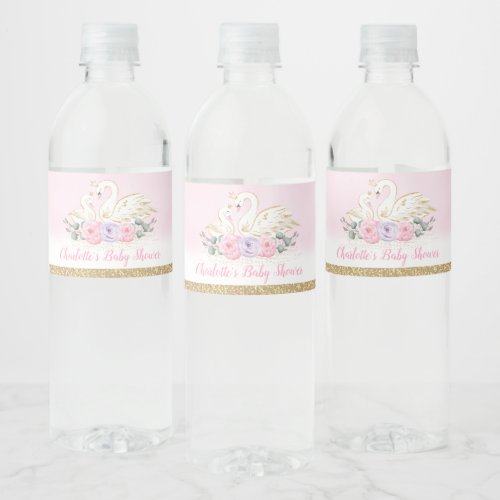 Pink Purple Floral Swan Princess Baby Shower Favor Water Bottle Label