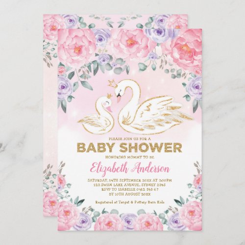 Pink Purple Floral Swan Princess Baby Shower Invitation