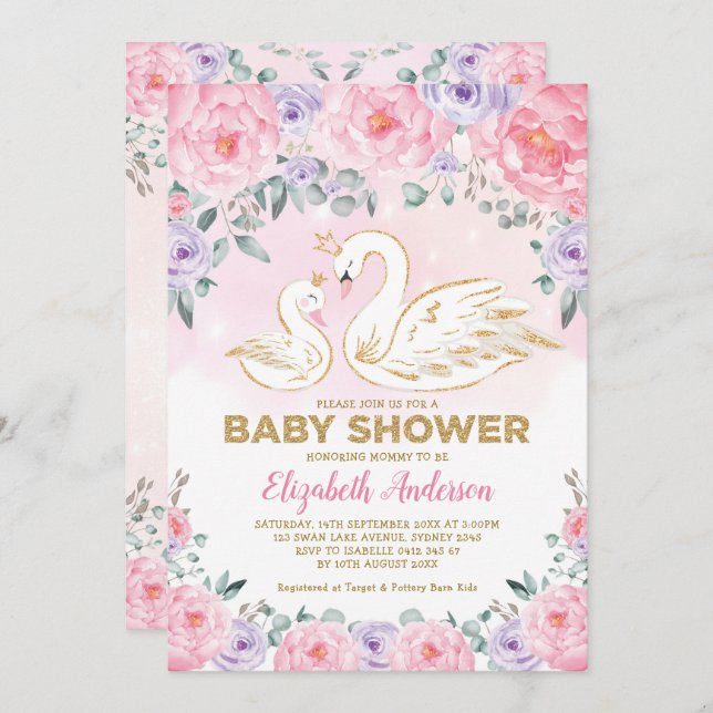 Pink Purple Floral Swan Princess Baby Shower Invitation (Front/Back)