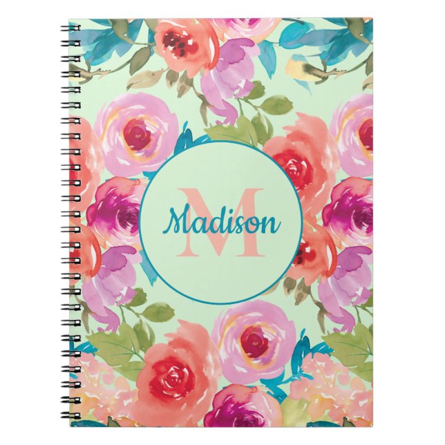 Pink Purple Floral Teal Leaves Mint Monogram Notebook (Front)